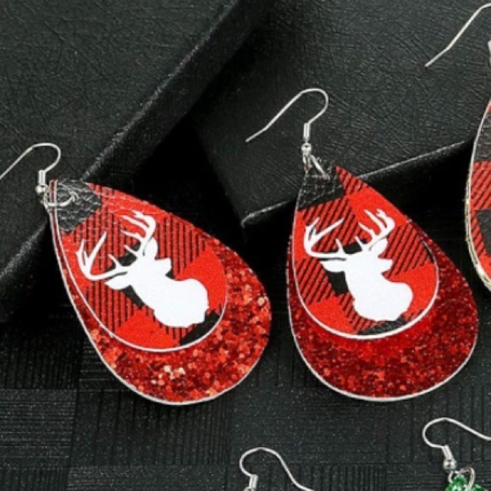 Women’s Faux Leather Teardrop Dangle Various Christmas Pattern Earrings
